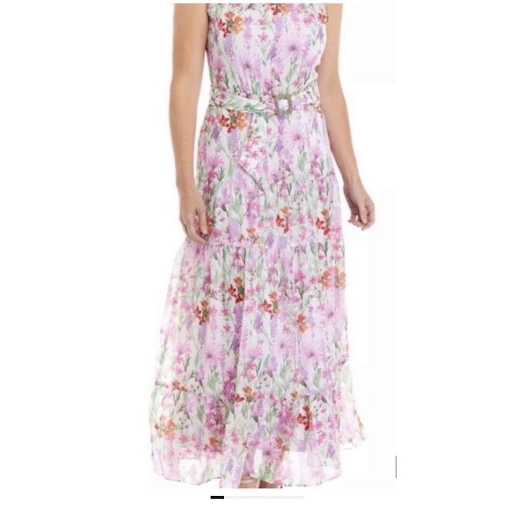 Taylor Purple Floral Halter Neck Sleeveless Maxi Dress Buckle Belt Long 4